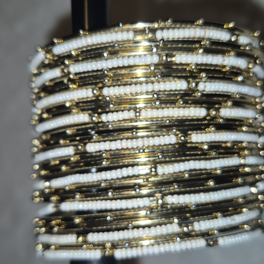 Gold And White Beaded Multi-Stack Bangle Bracelet… - image 1